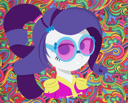 Size: 5810x4703 | Tagged: safe, artist:realgero, rarity, human, equestria girls, friendship through the ages, g4, abstract background, alternate hairstyle, clothes, costume, female, glasses, psychedelic, solo, trippy