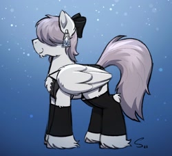 Size: 2048x1865 | Tagged: safe, artist:selenophile, oc, oc only, oc:seleno, pegasus, pony, bow, clothes, crossdressing, dress, ear piercing, earring, hair bow, hair over eyes, jewelry, male, piercing, smiling, solo, stallion, unshorn fetlocks