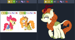 Size: 604x321 | Tagged: safe, artist:third uncle, screencap, apple bloom, autumn blaze, pear butter, earth pony, kirin, pony, derpibooru, g4, juxtaposition, juxtaposition win, looking at each other, looking at someone, meme, meta