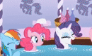 Size: 130x80 | Tagged: safe, screencap, pinkie pie, rainbow dash, rarity, earth pony, pegasus, pony, unicorn, bridle gossip, g4, animated, breaking the fourth wall, gif, gif for breezies, jacuzzi, laughing, picture for breezies, spa, staring at you