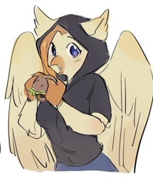 Size: 610x709 | Tagged: artist needed, safe, artist:schwarz, oc, oc only, oc:gill, hippogriff, burger, clothes, food, hamburger, simple background, solo, the daughter of zarz, white background, zarz