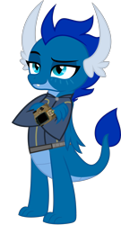 Size: 3000x5568 | Tagged: safe, artist:php170, oc, oc only, oc:cobalt the dragon, dragon, fallout equestria, clothes, crossed arms, fallout, folded wings, horn, jumpsuit, male, pipboy, simple background, smiling, solo, tail, teenaged dragon, transparent background, vault suit, vector, wings