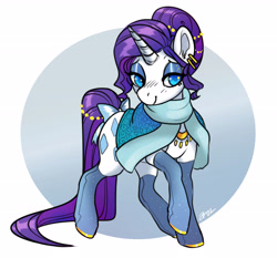 Size: 3476x3237 | Tagged: safe, artist:opalacorn, rarity, pony, unicorn, g4, alternate hairstyle, boots, bow, colored pupils, ear piercing, earring, eyeshadow, female, high res, jewelry, makeup, mare, necklace, piercing, shawl, shoes, simple background, solo, tail, tail bow, white background