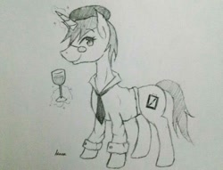 Size: 960x733 | Tagged: artist needed, safe, artist:schwarz, oc, oc:schwarz, pony, unicorn, clothes, glasses, hat, traditional art