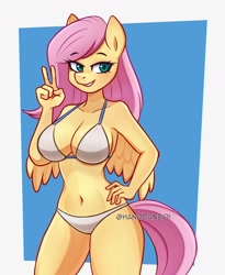 Size: 1310x1595 | Tagged: safe, artist:handgunboi, fluttershy, pegasus, anthro, belly button, bikini, breasts, busty fluttershy, cleavage, clothes, female, grin, hand on hip, looking at you, peace sign, smiling, smiling at you, solo, stupid sexy fluttershy, swimsuit