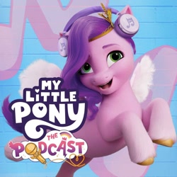 Size: 750x750 | Tagged: safe, pipp petals, pegasus, pony, g5, my little pony: a new generation, my little pony: the podcast, female, flying, headset, jewelry, open mouth, open smile, podcast, smiling, solo, tiara