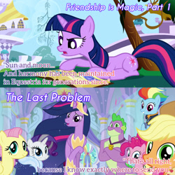 Size: 1920x1920 | Tagged: safe, edit, edited screencap, editor:itsmgh1203, screencap, applejack, fluttershy, li'l cheese, pinkie pie, rainbow dash, rarity, spike, twilight sparkle, alicorn, dragon, earth pony, pegasus, pony, unicorn, friendship is magic, g4, season 1, season 9, the last problem, applejack's hat, book, cowboy hat, crossed arms, crown, female, filly, foal, gigachad spike, grin, hat, jewelry, male, mane seven, mane six, mare, older, older applejack, older fluttershy, older mane seven, older mane six, older pinkie pie, older rainbow dash, older rarity, older spike, older twilight, older twilight sparkle (alicorn), open mouth, open smile, princess twilight 2.0, regalia, smiling, text, twilight sparkle (alicorn), unicorn twilight, winged spike, wings