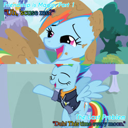 Size: 1920x1920 | Tagged: safe, edit, edited screencap, editor:itsmgh1203, screencap, rainbow dash, pegasus, pony, friendship is magic, g4, season 1, season 9, the last problem, eyes closed, female, flying, mare, mud, older, older rainbow dash, open mouth, open smile, smiling, solo, spread wings, text, wings
