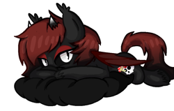 Size: 800x509 | Tagged: safe, artist:egodeath, oc, oc only, oc:ego death, bat pony, demon, demon pony, base used, black sclera, gradient mane, hug, pillow, pillow hug, simple background, solo, white background