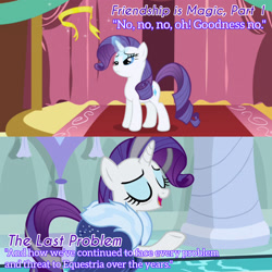 Size: 1920x1920 | Tagged: safe, edit, edited screencap, editor:itsmgh1203, screencap, rarity, pony, unicorn, friendship is magic, g4, season 1, season 9, the last problem, carousel boutique, eyes closed, female, first and last appearance, magic, mare, older, older rarity, open mouth, open smile, smiling, solo, telekinesis, text