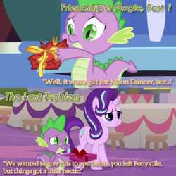 Size: 1920x1920 | Tagged: safe, edit, edited screencap, editor:itsmgh1203, screencap, spike, starlight glimmer, dragon, pony, unicorn, friendship is magic, g4, season 1, season 9, the last problem, duo, duo male and female, female, male, mare, present, smiling, text, winged spike, wings