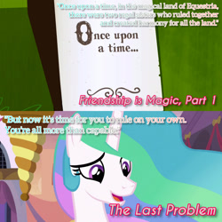 Size: 1920x1920 | Tagged: safe, edit, edited screencap, editor:itsmgh1203, screencap, princess celestia, alicorn, pony, friendship is magic, g4, season 1, season 9, the last problem, book, female, mare, open mouth, open smile, smiling, solo, text