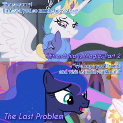 Size: 1920x1920 | Tagged: safe, edit, edited screencap, editor:itsmgh1203, screencap, princess celestia, princess luna, alicorn, pony, friendship is magic, g4, season 1, season 9, the last problem, crown, duo, duo female, eyes closed, female, hug, jewelry, mare, open mouth, open smile, regalia, s1 luna, smiling, text