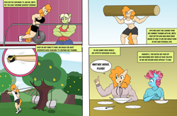 Size: 3931x2599 | Tagged: safe, artist:matchstickman, cup cake, granny smith, pear butter, earth pony, anthro, comic:the other side, g4, abs, chiffon swirl, clothes, comic, female, food, granny smash, high res, log, mare, muscles, pear, pear buffer, pear tree, teenager, tree, workout, young granny smith, younger