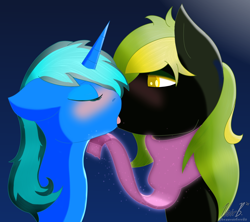 Size: 1250x1111 | Tagged: safe, artist:noir-b, oc, oc only, oc:scroll finder, oc:vermont black, alicorn, earth pony, pony, blushing, clothes, commission, couple, cute, eyes closed, female, glowing, kissing, lidded eyes, lifting chin, male, rule 63, scarf, simple background, straight