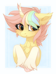 Size: 1500x2000 | Tagged: safe, artist:vird-gi, oc, oc only, oc:ponkus, bat pony, bat pony unicorn, hybrid, pony, unicorn, bust, cheek fluff, chest fluff, coat markings, colored hooves, curved horn, cute, cute little fangs, ear fluff, eyebrows, eyebrows visible through hair, fangs, female, freckles, horn, mare, multicolored hair, rainbow hair, simple background, smiling, socks (coat markings), solo