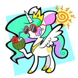 Size: 800x800 | Tagged: safe, artist:okojogairu, princess celestia, alicorn, pony, abstract background, coconut, coconut cup, drink, drinking straw, food, horn, jewelry, looking at you, raised hoof, regalia, simple background, spread wings, sun, sunglass, white background, wings