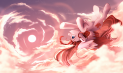 Size: 2500x1500 | Tagged: safe, artist:whiteliar, oc, oc only, oc:making amends, pegasus, pony, cloud, colored wings, flying, partially open wings, pegasus oc, sky, solo, two toned wings, upside down, wings