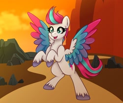 Size: 2048x1707 | Tagged: safe, artist:sweet cream, zipp storm, pegasus, pony, g5, bipedal, colored wings, female, mare, multicolored wings, open mouth, open smile, signature, smiling, solo, spread wings, wings