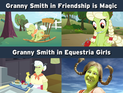 Size: 640x480 | Tagged: safe, edit, edited screencap, screencap, granny smith, earth pony, human, pony, apple family reunion, equestria girls, friendship is magic, g4, my little pony equestria girls, season 1, season 3, braid, cafeteria, canterlot high, caption, clothes, comparison, faic, female, gary takes a bath, image macro, irl, irl human, mare, merriwether williams, photo, rocking chair, scarf, spongebob squarepants, subliminal message girl, sweet apple acres, text, uncanny valley, wat, young granny smith, younger