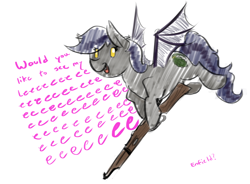 Size: 1094x804 | Tagged: safe, artist:testostepone, oc, oc only, oc:firestarter, bat pony, pony, colored sketch, dialogue, eeee, female, gun, lee enfield, mare, rifle, shitposting, simple background, solo, weapon, white background