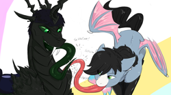 Size: 2288x1273 | Tagged: safe, artist:testostepone, oc, oc:starskipper, oc:t'zzet, bat pony, changeling, pony, colored sketch, female, long tongue, mare, tongue out