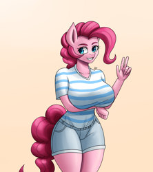 Size: 1600x1800 | Tagged: safe, artist:zachc, pinkie pie, earth pony, anthro, g4, arm under breasts, big breasts, breasts, busty pinkie pie, clothes, denim, denim shorts, female, grin, huge breasts, peace sign, shorts, smiling, solo