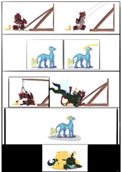 Size: 3590x5076 | Tagged: safe, artist:testostepone, oc, oc:alsephina, oc:fortuna, oc:t'zzet, changeling, draconequus, griffon, cheese, cheese slap, comic, food, sliced cheese, trebuchet