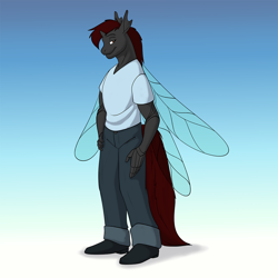 Size: 1000x1000 | Tagged: safe, artist:foxenawolf, oc, oc only, changeling, anthro, fanfic:beginning anew, clothes, gradient background, holeless, insect wings, male, red changeling, solo, wings