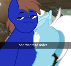 Size: 480x450 | Tagged: safe, artist:feather_bloom, oc, oc:blue_skies, oc:feather bloom(fb), oc:feather_bloom, earth pony, pegasus, pony, :3, butt, caption, car interior, complex background, duo, he wants to order, joke, meme, plot, selfie, smiling, smirk, text