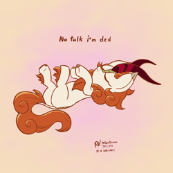Size: 2250x2250 | Tagged: safe, artist:theratedrshimmer, autumn blaze, kirin, g4, awwtumn blaze, butt, cute, eyes closed, female, high res, hooves up, lying down, on back, playing dead, plot, solo, upside down