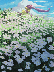 Size: 1620x2160 | Tagged: safe, artist:lendftcn, fluttershy, pegasus, pony, g4, chamomile, female, film grain, flower, flower field, long mane, looking at you, mare, smiling, smiling at you, solo, spread wings, windswept mane, wings