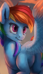Size: 1039x1750 | Tagged: safe, artist:camyllea, rainbow dash, pegasus, pony, cloud, female, mare, sky, solo, spread wings, wings