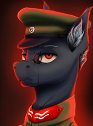 Size: 1250x1683 | Tagged: safe, earth pony, pony, equestria at war mod, backlighting, bust, cap, clothes, hat, male, military, portrait, red eyes, simple background, solo, stallion, uniform