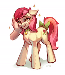 Size: 2280x2646 | Tagged: safe, artist:annna markarova, roseluck, earth pony, pony, g4, behaving like a cat, blushing, bow, collar, commission, commissioner:doom9454, cute, disembodied hand, hand, high res, pet tag, petting, pony pet, rosepet, simple background, smiling, tail, tail bow, white background