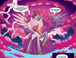 Size: 1237x949 | Tagged: safe, idw, pinkie pie, alicorn, pony, g4, spoiler:comic57, alicornified, awesome, cloud, comic, crown, dialogue, hi amy, horn, jewelry, offscreen character, pinkiecorn, princess of chaos, race swap, regalia, solo, submittion, xk-class end-of-the-world scenario