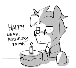 Size: 960x860 | Tagged: safe, artist:dimbulb, oc, oc:dimbulb, pony, birthday, birthday cake, cake, candle, clothes, food, glasses, solo