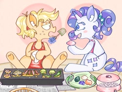 Size: 1024x768 | Tagged: safe, artist:reyam, applejack, rarity, earth pony, pony, unicorn, g4, alternate hairstyle, apron, blush sticker, blushing, clothes, cooking, duo, duo female, female, food, freckles, hatless, horn, korean, lesbian, looking at each other, looking at someone, magic, magic aura, mare, missing accessory, open mouth, profile, ship:rarijack, shipping, sitting, songpyeon, spatula, spread wings, telekinesis, underhoof, wings
