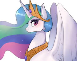Size: 2000x1600 | Tagged: safe, artist:hosikawa, princess celestia, alicorn, pony, bust, crown, cute, cutelestia, female, horn, jewelry, looking at you, mare, partially open wings, profile, regalia, simple background, smiling, solo, white background, wings