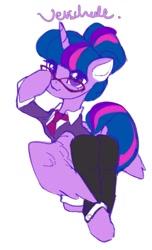 Size: 649x1068 | Tagged: safe, artist:tingsan, twilight sparkle, alicorn, pony, g4, clothes, ears, ears up, female, flying, glasses, horn, looking at you, looking back, looking back at you, mane, mare, pants, purple eyes, simple background, solo, spread wings, tail, twilight sparkle (alicorn), white background, wings