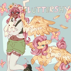 Size: 2048x2048 | Tagged: safe, artist:izzypaw, fluttershy, butterfly, human, pegasus, pony, rabbit, g4, alternate hairstyle, animal, belly button, blushing, boots, clothes, cute, dark skin, duo, feather, female, floral head wreath, flower, grin, high res, human ponidox, humanized, mare, markings, midriff, nose piercing, nose ring, piercing, plushie, self paradox, self ponidox, shirt, shoes, shorts, shyabetes, smiling, unshorn fetlocks, vest, wing ears, winged humanization, wings