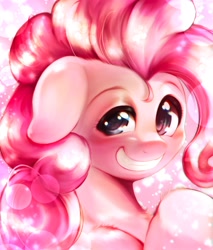 Size: 1744x2048 | Tagged: safe, artist:kurogewapony, pinkie pie, earth pony, pony, g4, abstract background, bust, female, floppy ears, grin, looking at you, mare, pink background, portrait, simple background, smiling, smiling at you, solo