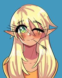 Size: 1750x2198 | Tagged: safe, artist:mylittleyuri, applejack, human, g4, alternate hairstyle, blue background, blushing, clothes, cute, elf ears, eye clipping through hair, female, freckles, humanized, jackabetes, one eye closed, shirt, simple background, solo, straw in mouth, wink