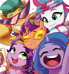 Size: 3225x3457 | Tagged: safe, artist:maren, hitch trailblazer, izzy moonbow, pipp petals, sunny starscout, zipp storm, earth pony, pegasus, pony, unicorn, g5, my little pony: tell your tale, pony partay, spoiler:g5, spoiler:my little pony: tell your tale, spoiler:tyts01e25, cellphone, crying, cute, female, flower, flower in hair, grin, group, happy, high res, male, mane five, mane stripe sunny, mare, open mouth, open smile, phone, quintet, royal sisters (g5), siblings, sisters, smartphone, smiling, stallion, sunglasses, tears of joy