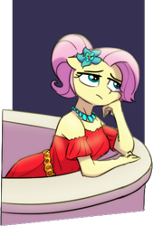 Size: 307x453 | Tagged: safe, artist:whitequartztheartist, fluttershy, pegasus, anthro, g4, balcony, bored, clothes, dress, female, flower, flower in hair, hand on chin, jewelry, necklace, red dress, solo, the princess and the frog