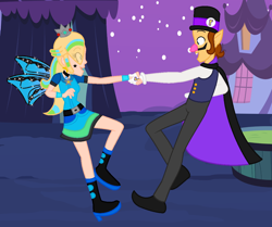 Size: 1172x978 | Tagged: safe, artist:csillaghullo, artist:katnekobase, artist:user15432, fairy, human, undead, vampire, equestria girls, g4, barely eqg related, base used, blue dress, blue wings, boots, cape, clothes, costume, crossover, crown, cute, cute little fangs, dancing, dress, duo, ear piercing, earring, equestria girls style, equestria girls-ified, fairy wings, fairyized, fangs, gloves, halloween, halloween costume, hallowinx, high heel boots, high heels, jewelry, looking at each other, looking at someone, male, mario kart, mario kart tour, nightmare night, piercing, princess rosalina, regalia, rosalina, shoes, sparkly wings, super mario bros., vampire costume, waluigi, waluigi's hat, wings, winx, winx club, winxified