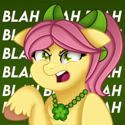 Size: 2048x2048 | Tagged: safe, artist:sweet cream, posey bloom, earth pony, pony, g5, angry, blah blah blah, bow, female, floppy ears, hair bow, high res, jewelry, karen, mare, necklace, posey can't catch a break, solo, unshorn fetlocks