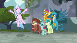Size: 1279x720 | Tagged: safe, screencap, gallus, ocellus, sandbar, silverstream, smolder, yona, changedling, changeling, classical hippogriff, dragon, earth pony, griffon, hippogriff, pony, yak, g4, school daze, cloven hooves, colored hooves, eyes closed, gallus is not amused, hand on hip, jewelry, necklace, smolder is not amused, spread wings, student six, unamused, wings