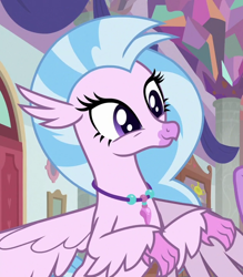 Size: 630x719 | Tagged: safe, screencap, silverstream, classical hippogriff, hippogriff, g4, school daze, cropped, cute, diastreamies, jewelry, necklace, solo