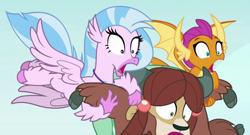 Size: 1350x728 | Tagged: safe, screencap, silverstream, smolder, yona, classical hippogriff, dragon, hippogriff, yak, g4, school daze, season 8, cloven hooves, cropped, dragoness, faic, female, flying, open mouth, screaming, trio